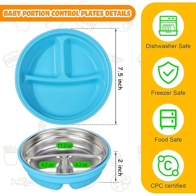 Nuogo 2 Pcs Stainless Steel Baby Suction Plates with Removable Silicone Shell 2-in-1 Metal Toddler Bowl Divided for Picky Eaters Kids Feeding Led Weaning Supplies, Dishwasher Safe (Yellow,Blue)