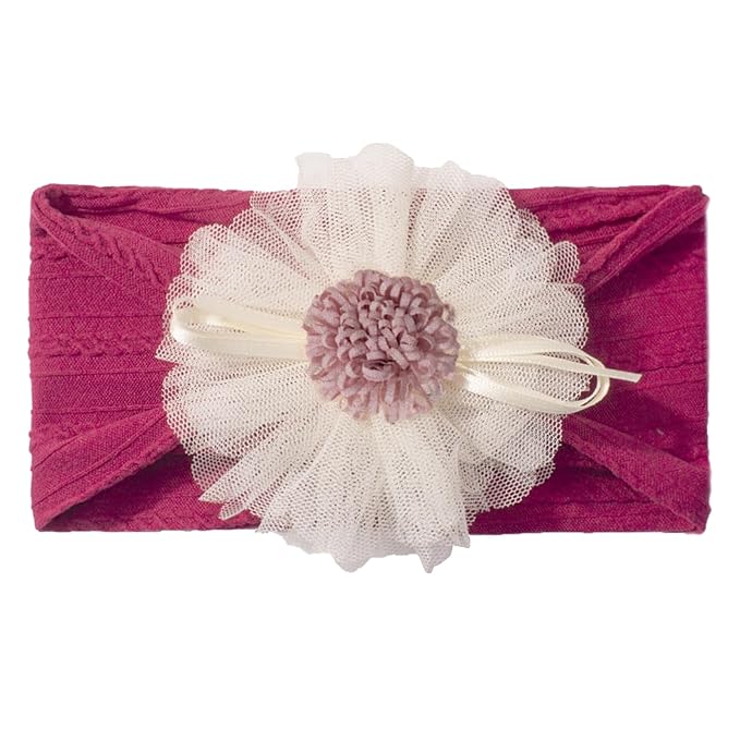 Baby Girls Sunflower Headbands, 3 Pack Baby Hairband Hair Bows Lace and Stretchy Elastic Accessory for Newborn Infants Toddlers (Burgundy+Yellow+White, One Size(Stretchy))