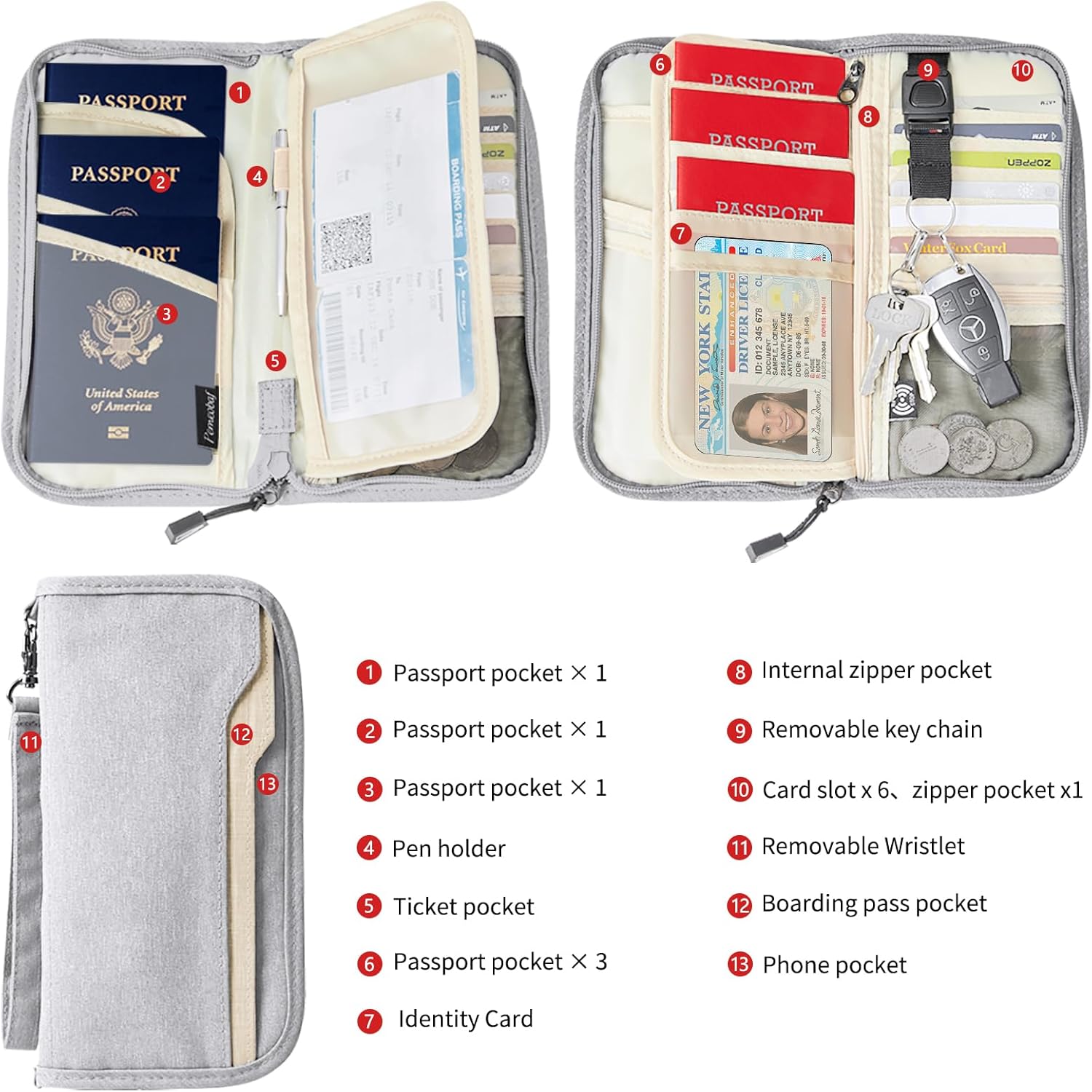 ZOPPEN Passport Holder Family RFID Passport Wallet, Passport Holder Women/Men, Travel Wallet Documents Organizer Zipper Case with Removable Wristlet Strap, Travel Essentials for Flying