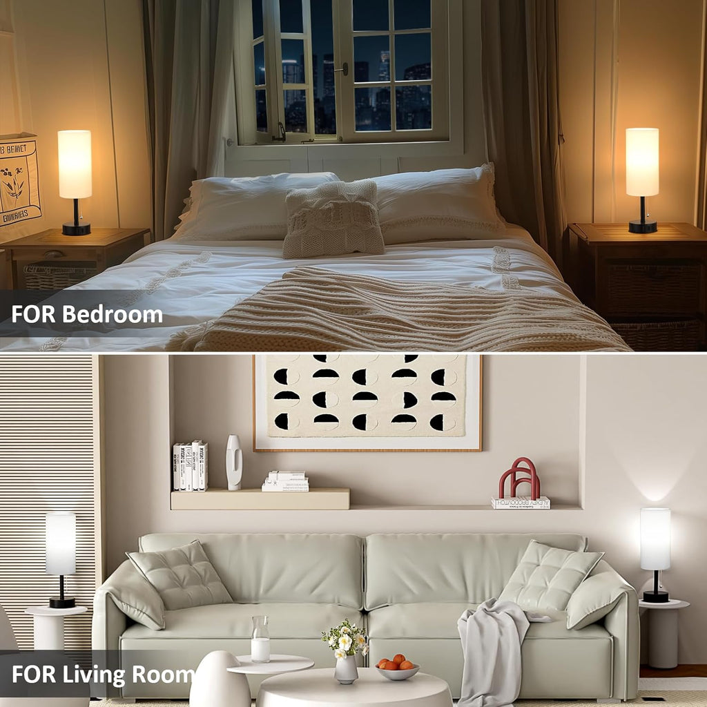 White Bedside Table Lamps Set of 2-3 Color Temperatures Pull Chain Lamp with AC Outlet Charging Port, Round Night Stand Lamps for Bedroom Office, Small Bed Side Light with E26 LED Bulbs