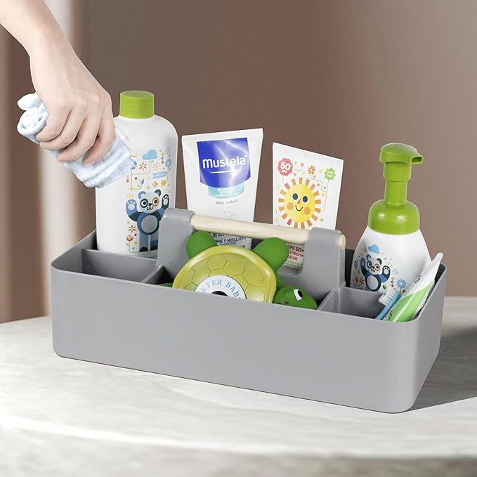 Baby Shower Caddy Plastic Nursery Portable Storage Organizer Caddy Tote for Child/Kids, Divided Basket Bin with Wood Handle for Bathroom, Dorm Room, Holdsn Bottles, Spoons, Gray