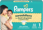 Pampers Swaddlers Diapers, Size 1 (8-14 lbs), 32 Count, Absorbent, Keeps Baby Dry and Comfortable, Skin Safe Disposable Baby Diaper (Packaging May Vary)
