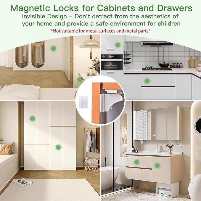 6 Pack Vkania Magnetic Cabinet Locks Baby Proofing - Baby Safety Latches for Drawers and Cabinets - Hidden Adhesive Magnet Baby Locks - Easy Installation No Drilling