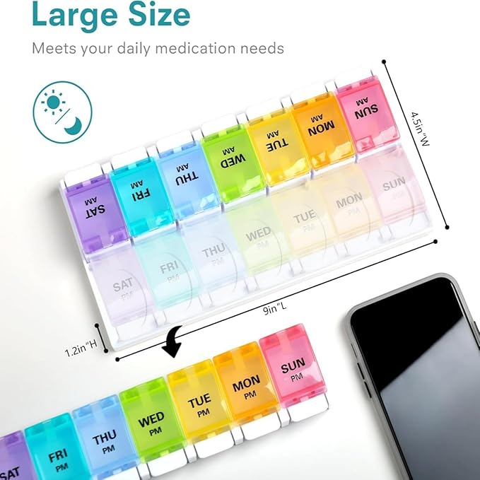 Sukuos AM PM Weekly Pill Organizer 2 Times A Day, Large Daily Pill Box Case 7 Day with Easy Push Button Design, Detachable Medicine Holder for Vitamin/Fish Oil/Supplements (Rainbow)