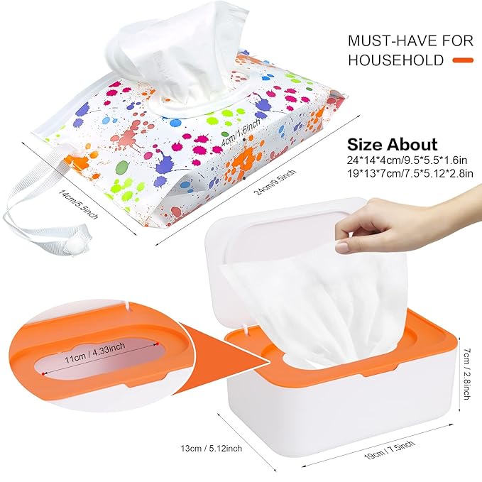8Pcs Baby Wipes Dispenser, Reusable Baby Wipe Holder Box and Portable Wet Wipes Pouch, Refillable Wipes Pouch Case Container with Lid for Bathroom Baby Nursery Kitchen Office Travel (Orange)