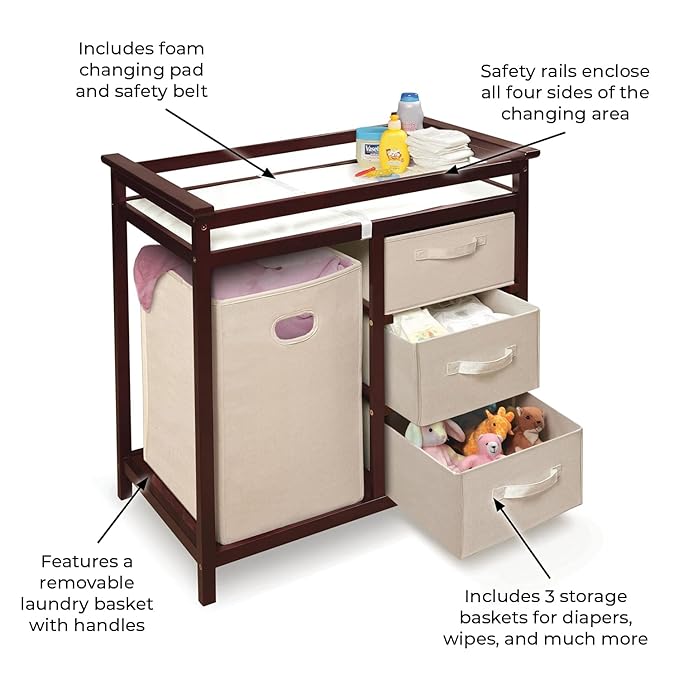 Badger Basket Modern Baby Changing Table with Laundry Hamper, 3 Storage Drawers and Pad, Diaper Change Station - Cherry/Ecru