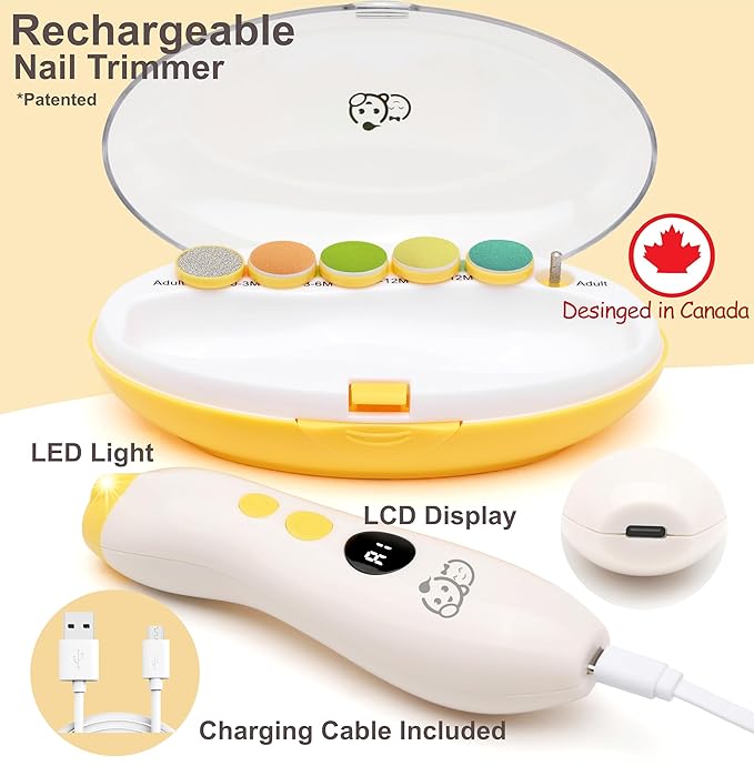 Rechargeable 22 in 1 Baby Nail Trimmer, Usage Labeled Case, 13 Extra Replacement Tools, Royal Angels Electric Nail File with LCD Display, Newborn Toddler Nail Care Clipper Kit (Rechargeable, Mango)