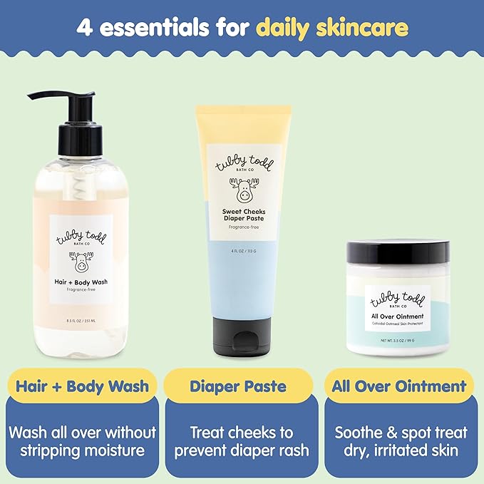 TUBBY TODD Baby Bundle Newborn Skin Care Set - Hypoallergenic Hair + Body Wash, All Over Ointment with Colloidal Oatmeal, Sweet Cheeks Diaper Paste - Fragrance Free, Standard Size