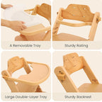 High Chair for Babies and Toddlers, Wooden Highchair with Adjustable Seat & Convertible Footrest Heights, Baby Feeding Chair with Safety Harness & Removable Double Layer Tray