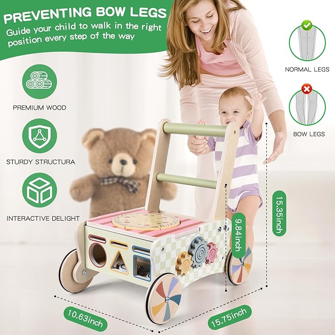 Wooden Push Walker for Babies with Wheels 12 Months+ Wooden Baby Walker Activity Walker for Babies Montessori Multiple Learning Activities Center Walking Toy Adjustable Speed Birthday Gift