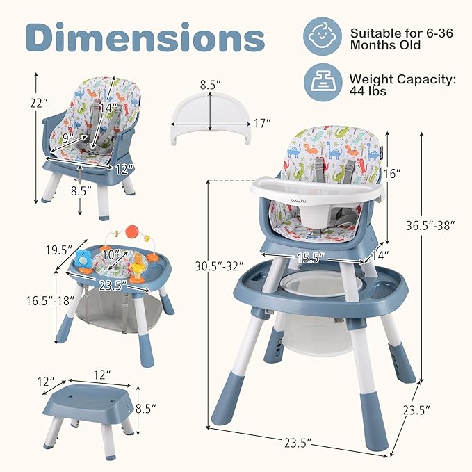 BABY JOY 16 in 1 High Chair, Convertible Baby Highchair for Babies and Toddlers with Activity Center, Booster Seat, Building Block Table, Toddler Chair with Safety Harness, Removable Tray (Blue)