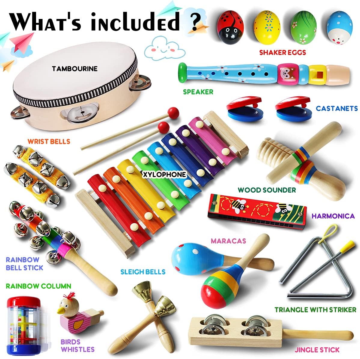 LOOIKOOS Toddler Musical Instruments,Wooden Percussion Instruments Toy for Kids Baby Preschool Educational Musical Toys Set for Boys and Girls with Storage Bag