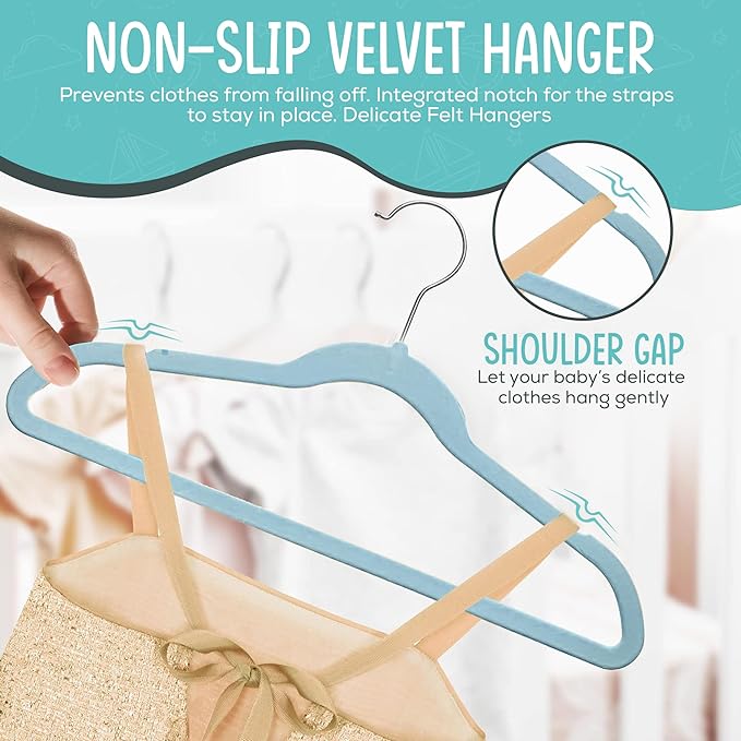 50 Premium Kids Velvet Hangers - 14" Non-Slip Ultra Slim Space-Saving Clothes Hangers with 360° Swivel Hook - Strong & Durable Hangers for Children & Preteens Wardrobe - Blue
