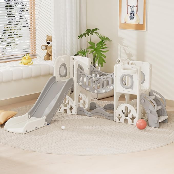 KORIMEFA 10 in 1 Toddler Slide Set, Kids Slide for Toddlers, Outdoor Indoor Playground for Toddlers 1-3, Toddler PlaySet with Basketball Hoop and Ball Golf Set, Climbing Arch(Grey)