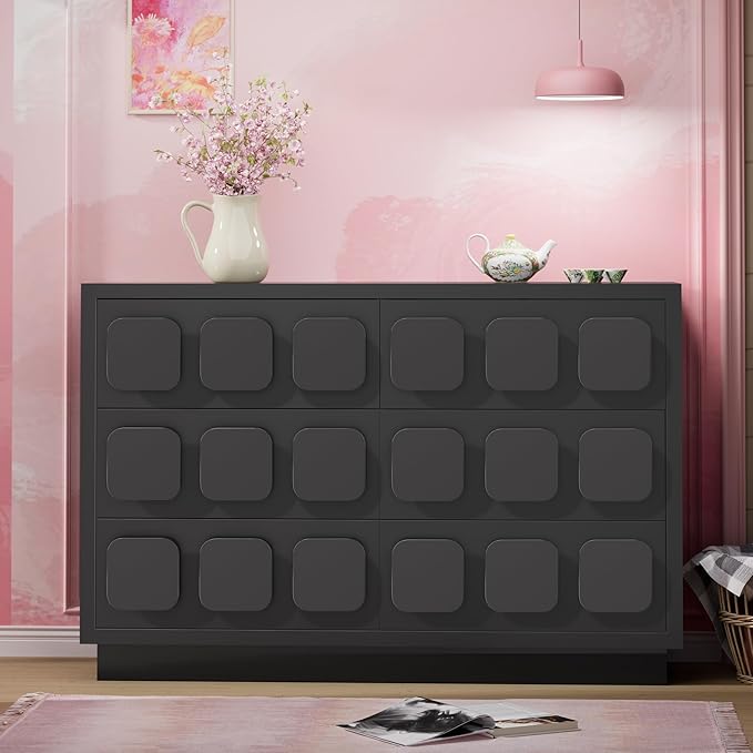 Anbuy Black Baby Dresser for Bedroom, Dresser for Baby with 6 Drawers, Storage and Organization Unit with Square Handles, for Nursery, Kids