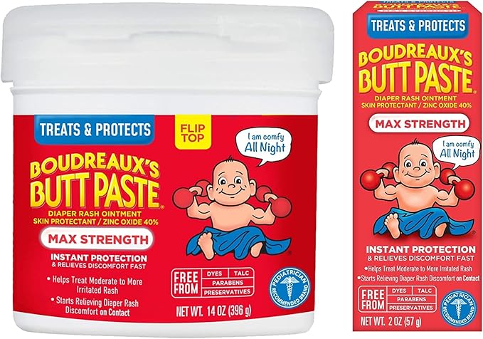 Boudreaux’s Butt Paste Max Strength Diaper Rash Cream for Baby, Ointment With Zinc Oxide, 2 oz Tube & 14 oz Jar