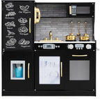 HONEY JOY Kids Kitchen Playset, Wooden Little Chef Pretend Toy Kitchen Set w/Chalkboard, Telephone, Utensils, Oven, Microwave, Sink, Storage, Play Kitchen for Toddlers Boys Girls, Black