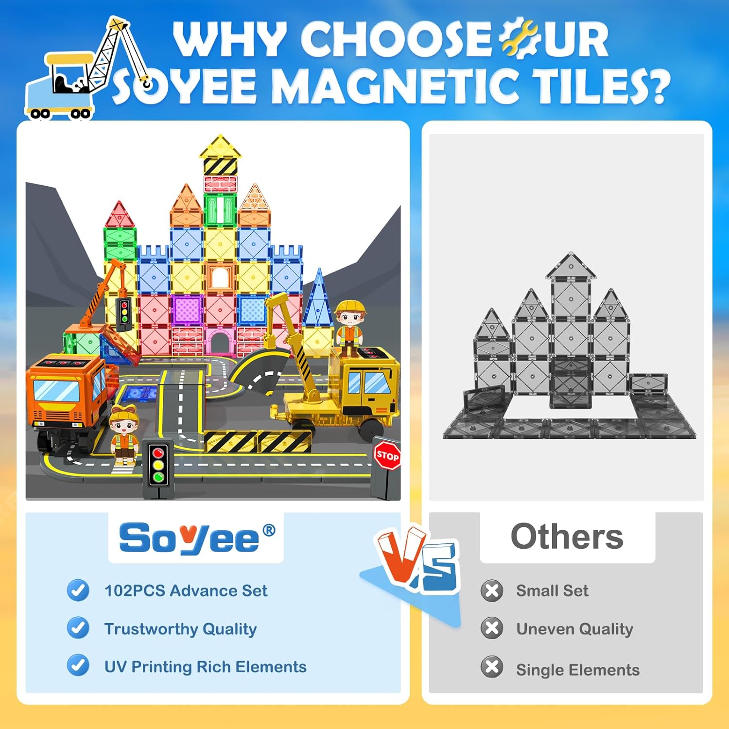 102 PCS Magnetic Tiles with 2 Cars & 2 Cranes Magnet Construction Building Kids Toys for Creative Play and STEM Learning Boys Toys & Gifts for 3-12