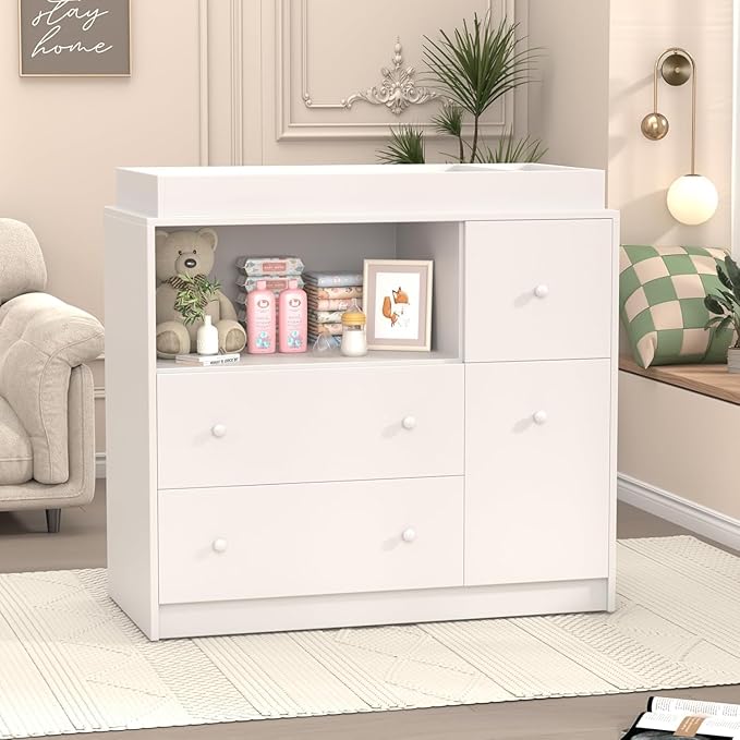 Baby Changing Dresser with Large Tabletop, 3 Drawers, Open Storage Space, and Open Storage Shelf – Ideal Changing Table for Nurseries and Baby Rooms