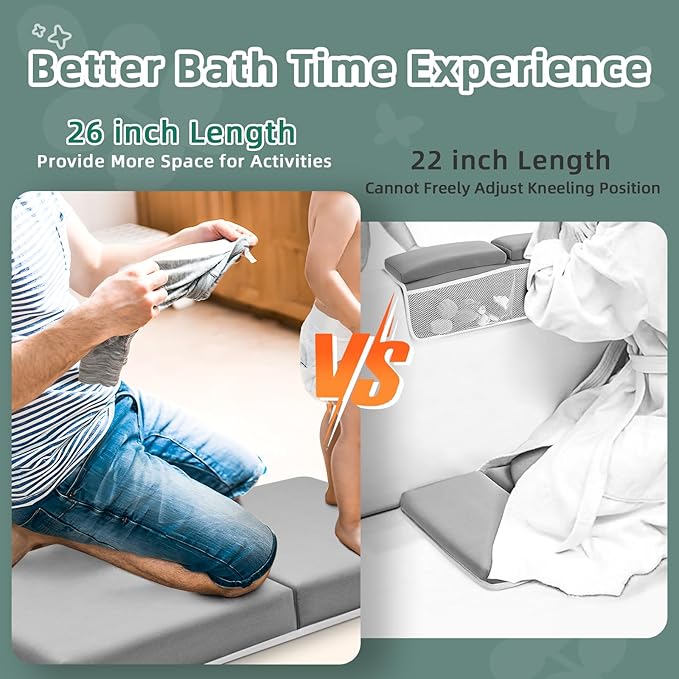 IFNOW Baby Bath Kneeler and Elbow Rest Pad Set- 26'' Extra Long and 2.4'' Thick- with Back Brace，Quick Dry Kneeling Pad for Bathing Baby with Knee & Arm Support, Non-Slip Bathtub Mat with Organizer