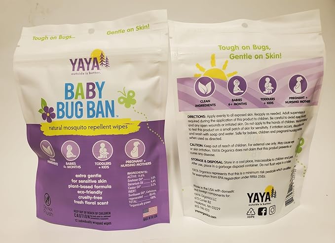 YAYA ORGANICS Baby Bug BAN Insect Repellent Wipes – All-Natural, DEET-Free, Non-Toxic, for Babies, Kids and Sensitive Skin (48 Count, Pack of 4)