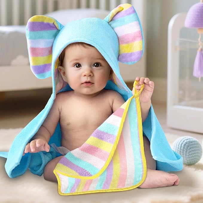 VOOVA & MOVAS Thick Baby Hooded Bath Towel - 100% Cotton,500GSM, 33x31.5 Inches,0-2Years, Super Absorbent Large Towel with Cute Elephant Ears Hood for Newborn,Toddler,Infant, Baby Blue