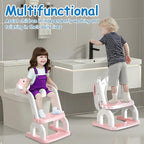 Potty Training Seat with Step Stool for Toddlers - Upgrade 2-in-1 Toilet Seat Toilet Ladder for Kids Children Boys Girls, Anti-Slip Pad & Adjustable Height with Waterproof - Pink