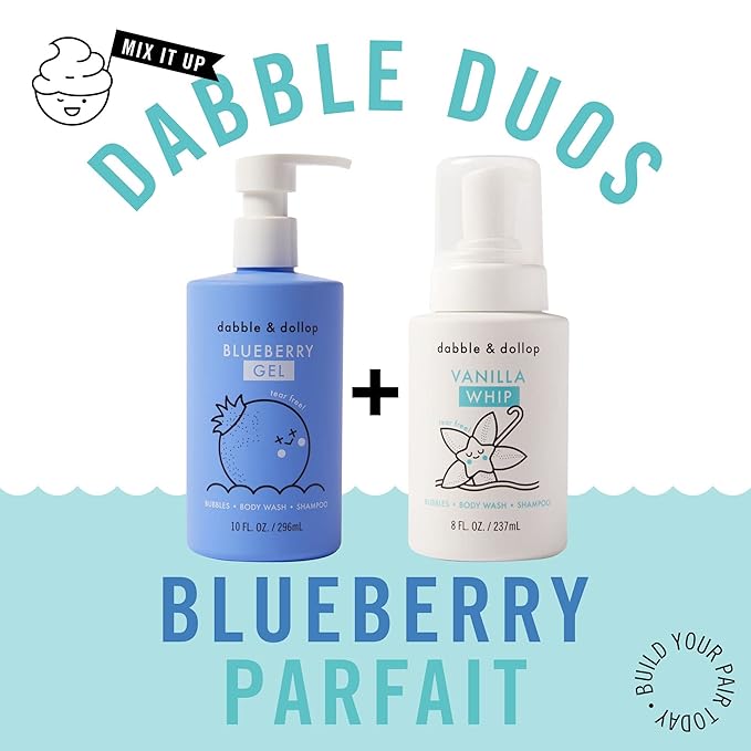 Dabble & Dollop Blueberry + Vanilla Body Wash & Shampoo – 3-in-1 Natural Bubble Bath for Kids, Made in USA, No Parabens or Sulfates, Vegan, Gluten-Free, Tear-Free (2-Pack)