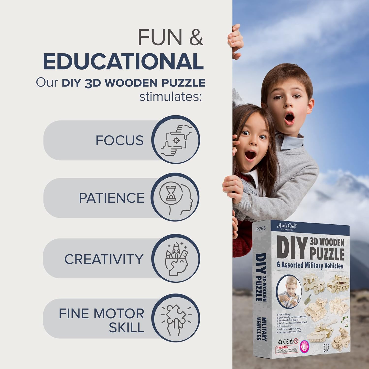 Hands Craft DIY 3D Wooden Puzzle – 6 Assorted Military Vehicles Bundle Pack Set Brain Teaser Puzzles Educational STEM Toy Adults and Kids to Build Safe and Non-Toxic Easy Punch Out Premium Wood JP2B6