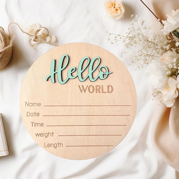 Baby Announcement Sign, 5.9 Inch Wooden Hello World Newborn Signs, Birth Announcement Sign, Baby Shower Hospital Nursery for Newborn Boys and Girls (Spark Green)