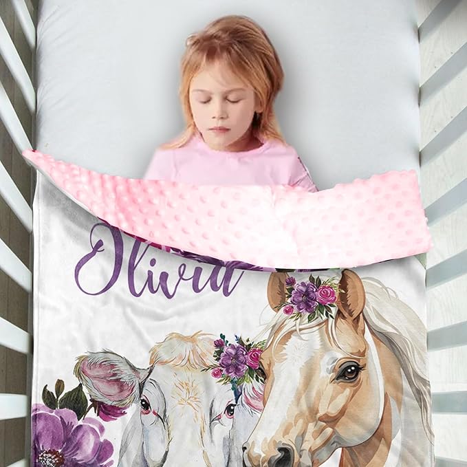 Custom Baby Blanket with Name, Horse and Animals Design, Soft Flannel with Double Layer Dotted Backing, Receiving Swaddle Blanket Suitable for Infants and Toddler