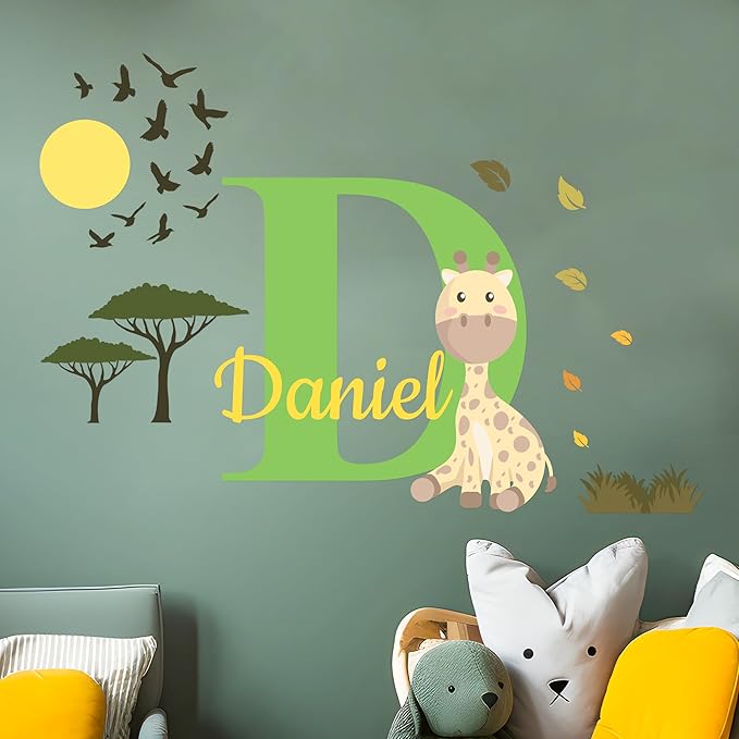 CRYPTONITE Personalized Name Jungle Animals Vinyl Wall Decor I Nursery Wall Decal for Baby Boy & Girl Decoration I Stickers for Kids I Multiple Options for Customization (B. Giraffe)
