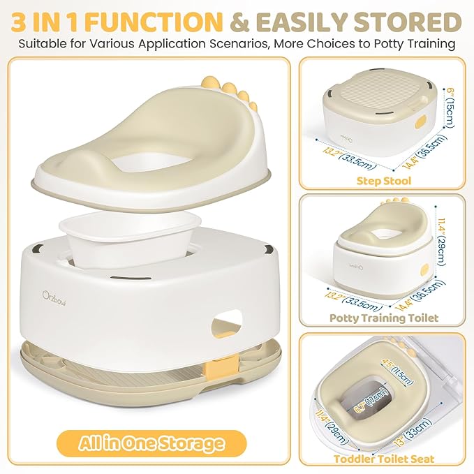 Orzbow 3-in-1 Potty Training Toilet, Detachable Baby Potty, As Toddler Toilet Seat, Chair, Step Stool for Boys & Girls 18+ Months, Potty Training Seat with Splash Guard, Easy Clean, Khaki
