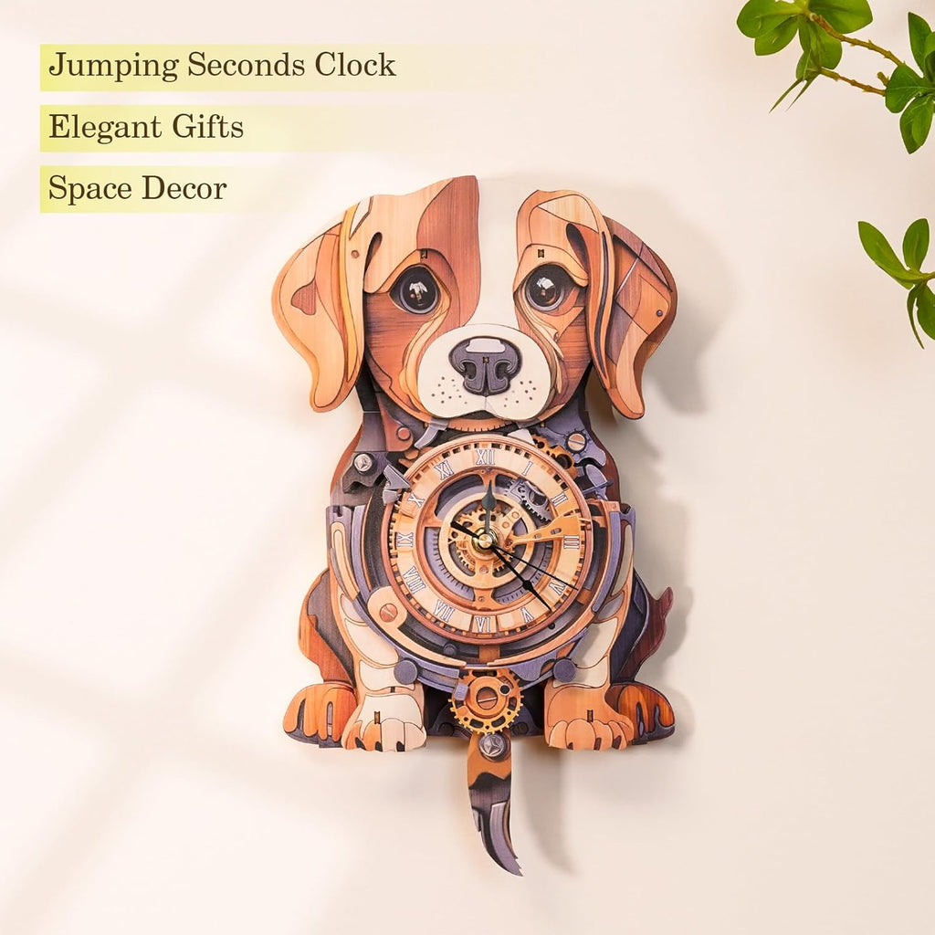 Cutywood 3D Puzzles for Adults Clock-Beagle Design Model Kit-Mechanical DIY Pendulum Clock with Roman Numerals-Desk Home Office Decor Personalized Gift for DIY Lovers