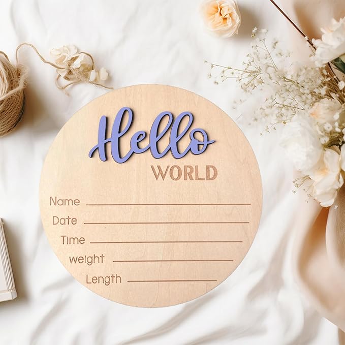 Baby Announcement Sign, 5.9 Inch Wooden Hello World Newborn Signs, Birth Announcement Sign, Baby Shower Hospital Nursery for Newborn Boys and Girls (Cashmere Blue)