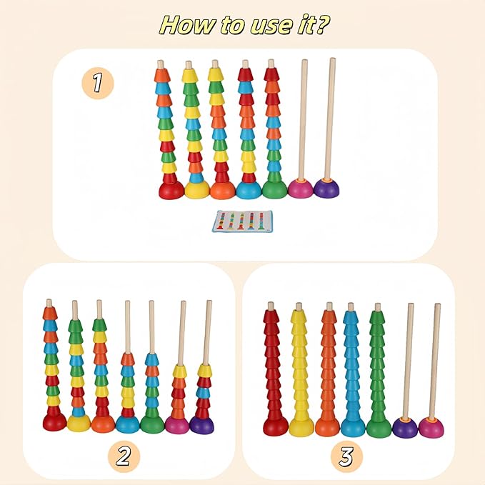 Wooden Stacking Ring Toy Set, Educational Color Pattern Matching Game with Activity Cards, Rainbow Colors，for 3 4 5 Year Old STEM Preschool Learning Montessori Toys Gifts for Kids Boy Girl Toddler