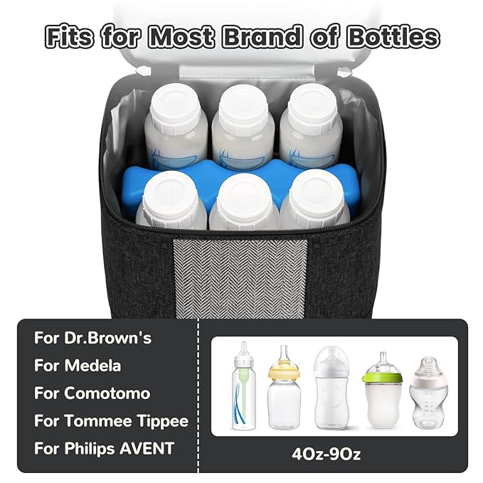 Mancro Breast Milk Cooler Travel Bag with Ice Pack, Double Layer Baby Bottles Bag for Daycare Fits 6 Baby Bottle up to 9 Ounces, Breast Pump Bag for Nursing Moms with Shoulder Strap, Black