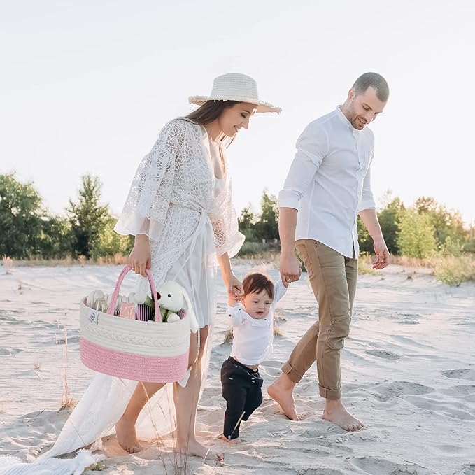 KiddyCare Woven Diaper Caddy Organizer, Large Gray Multi Functional Portable Baby Basket with Handle, Baby Gift for Boy/Girl Nursery Storage, Organization, and Modern Car Diaper Caddy Pink X-Large