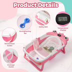 Baby Bathtub,Collapsible Baby Bath Tub with Soft Cushion & Thermometer, Space Saving Foldable & Travel Newborn Bathtub for Infant to Toddler 0-36 Months, Frog Beige
