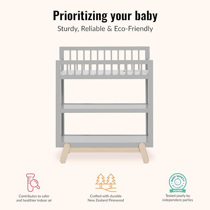 Dream On Me Hygge Baby Nusery Changing Table, Elevated Safety Rails, Water-Resistant Changing Pad & Safety Belt, Spacious Storage Shelves, GREENGUARD Gold & JPMA Certified – Pebble Grey Oak