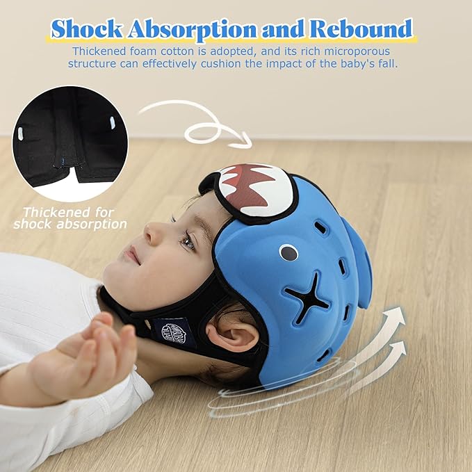 Baby Head Protector Baby Helmet for Crawling and Walking - No Bumps and Soft Safety Peak - Ultra Light and Adjustable Baby Head Protector Suitable for Babies 6-24 Months-Yellow Shark