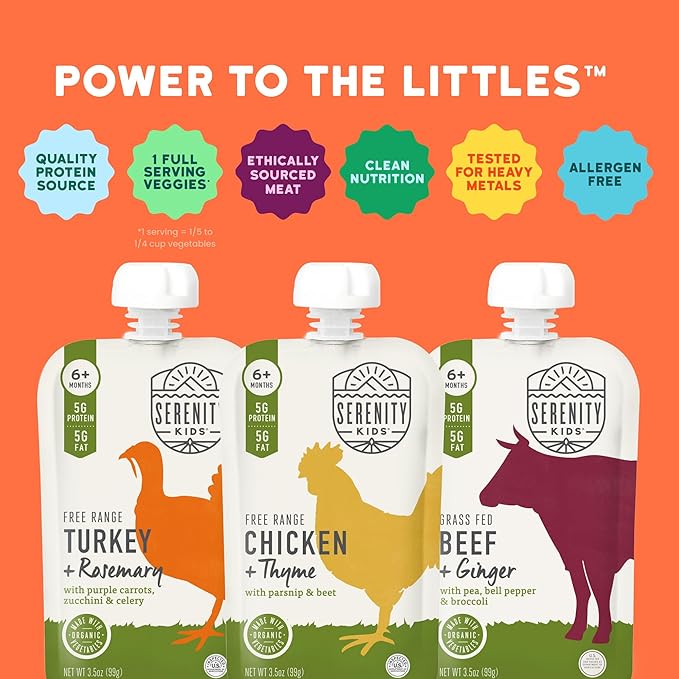 Serenity Kids 6+ Months Baby Food Pouches Puree - BPA-Free Meats & Herbs - Organic Baby Food Puree with Meat & Veggies - 3.5 Oz, 6 Pack