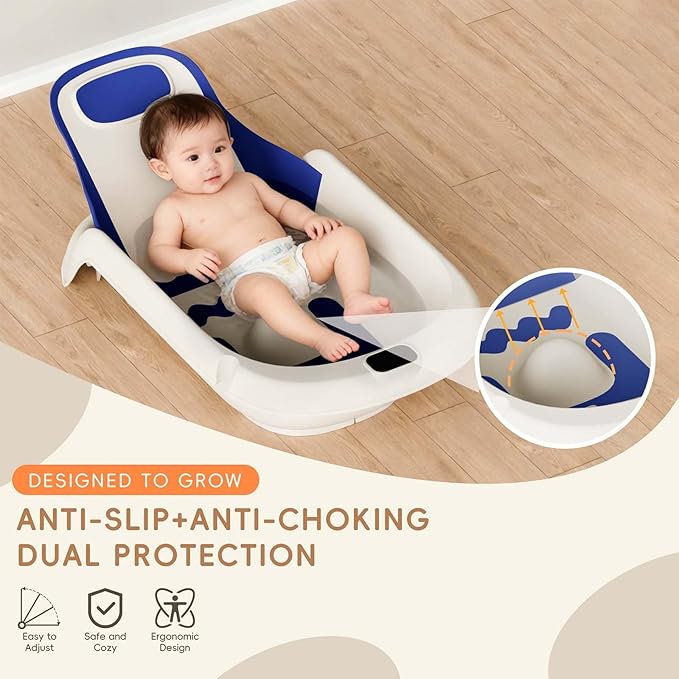 Baby Bathtub for Newborn to Toddler, Reclining Newborn Bathtub, Adjustable Baby Tub with Thermometer, Bath Kneeler Pad & Clean Rinse Cup, 0-36 Months (Blue)