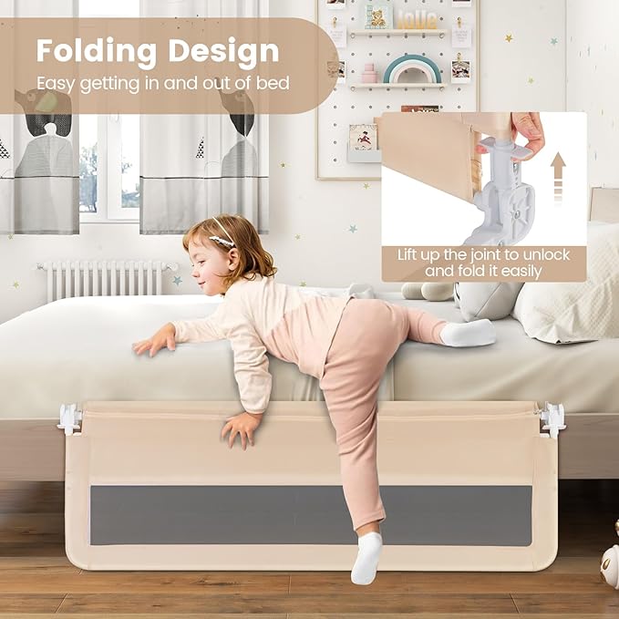 HONEY JOY Bed Rail for Toddlers, 59-in Extra Long, Portable Safety Guardrail w/Double Safety Child Lock, Foldable Baby Bed Rail Guard, Fit King & Queen Full Twin Size Bed Mattress (2 Pack, Beige)