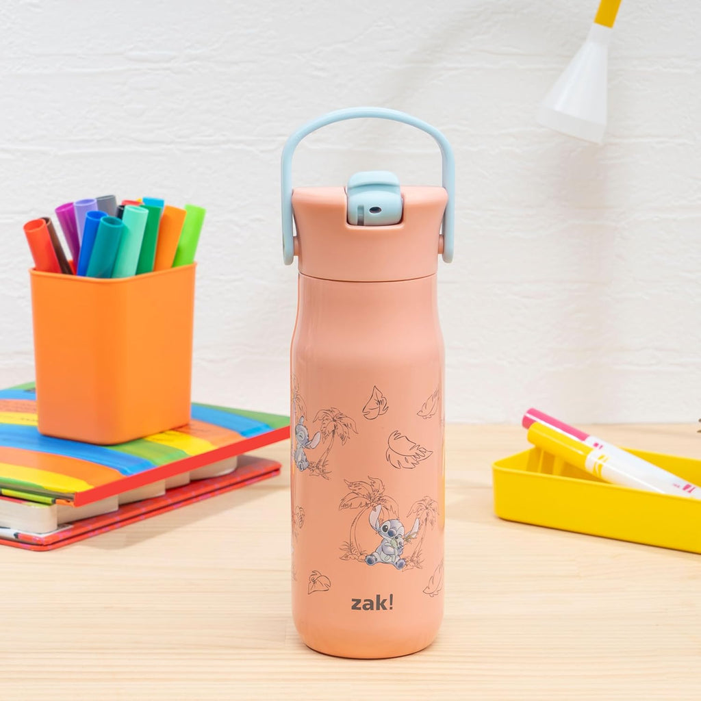 Zak Designs Harmony Disney Stitch Water Bottle for Travel or At Home, 20oz Stainless Steel is Leak-Proof When Closed and Vacuum Insulated with Straw Lid and Carry Handle (Stitch)