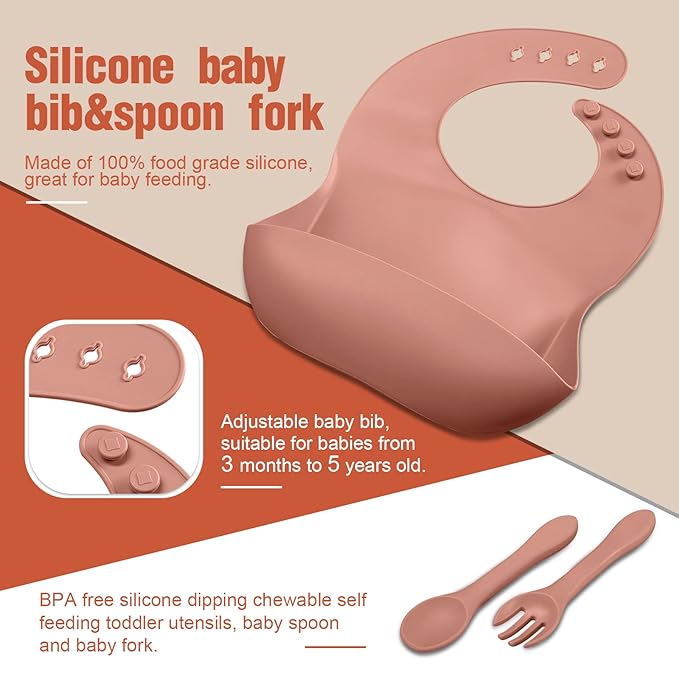 10 Pack Silicone Baby Feeding Set, Toddlers Led Weaning Feeding Supplies with Suction Baby Bowl Divided Plate Adjustable Bib Soft Silicone Spoon Fork, Infant Self Eating Utensil Set (Beige, Orange)