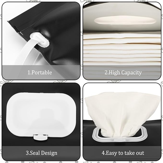 FEBSNOW 2 Pack Baby Wipes Dispenser Holder, Black Portable Refillable Baby Wet Wipes Pouch Container Reusable Travel Case