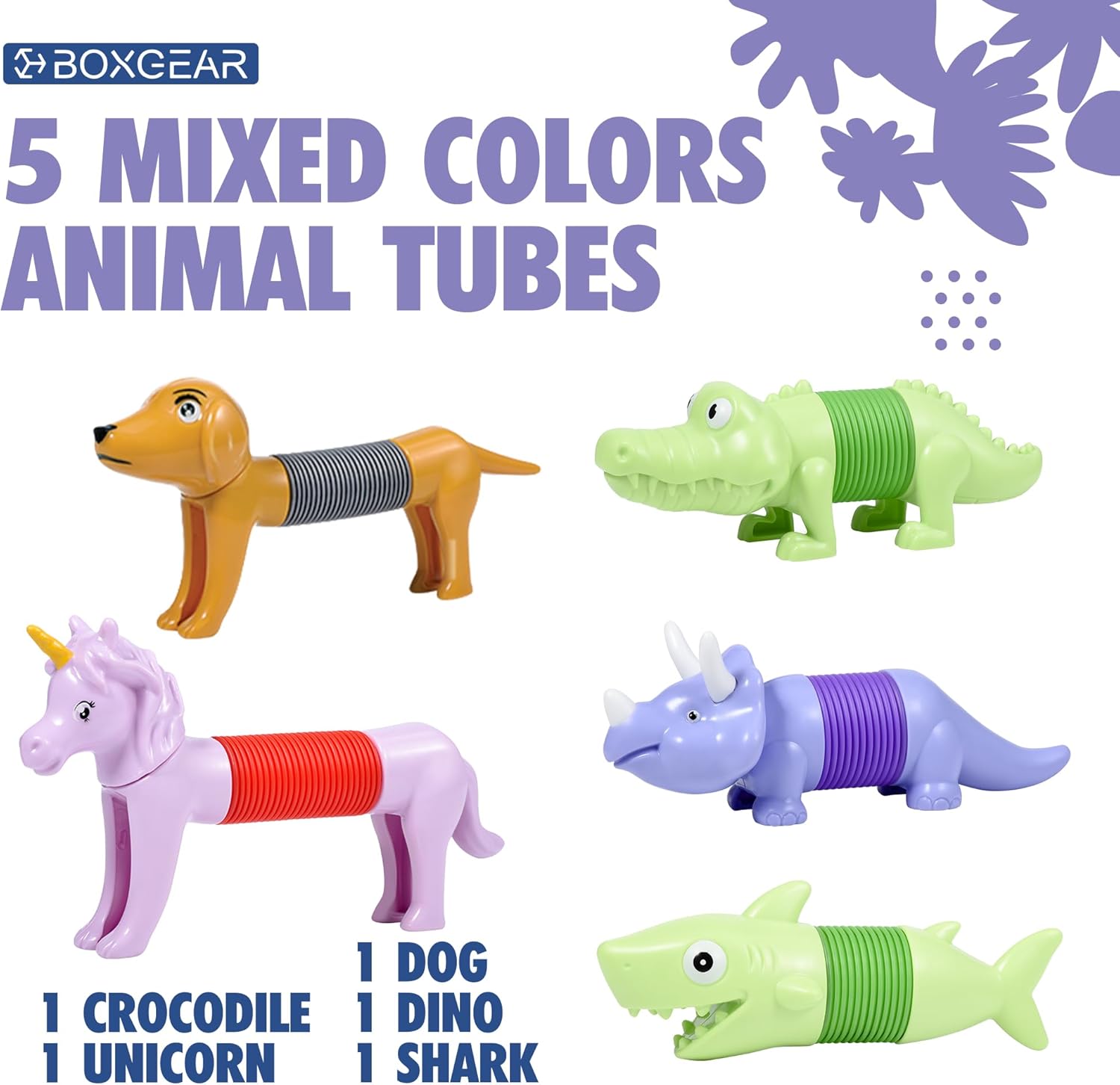 Boxgear 5-Pack Pop Tubes Mixed Animal Fidget Toys – Sensory Tubes for Toddlers – Cute Animal Sensory Fidget Toys for Girls and Boys – Stress-Relief Pop Sound Spring Toddler Sensory Toys