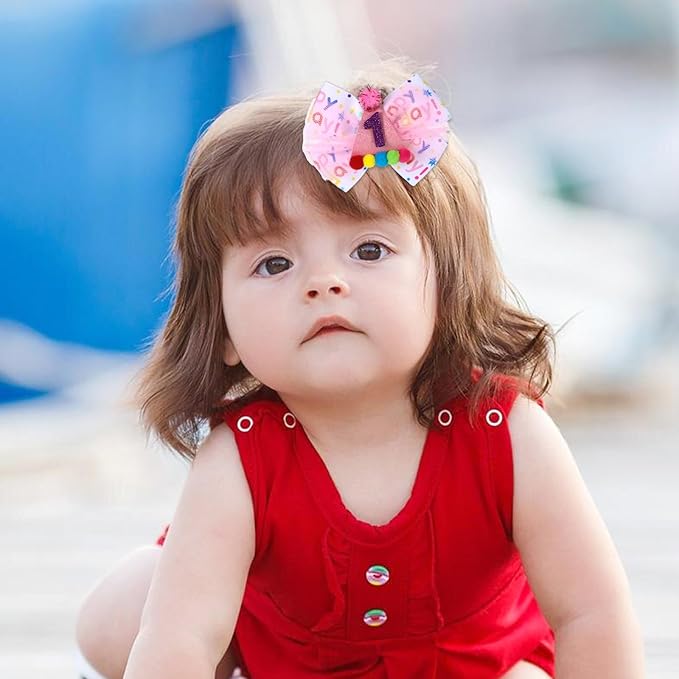 Birthday Hair Bow for Baby Girls 1 2 3 4 5 6 Year Old Sprinkle Hair Clips Happy Birthday Decorations for Girls Toddlers With Pom-Poms Ice Cream Candy Party Pink Hair Accessories for 1st Sweet Party