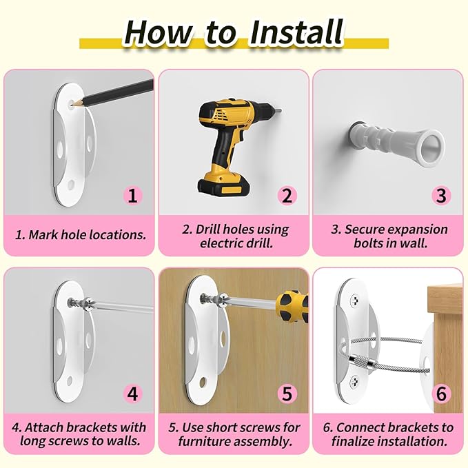 Anti Tip Furniture Anchors (6 Packs) Furniture Anchors for Baby Proofing, Earthquake Straps for Furniture Dresser Wall Safety Anchor Furniture Safety Straps Wall Straps, White